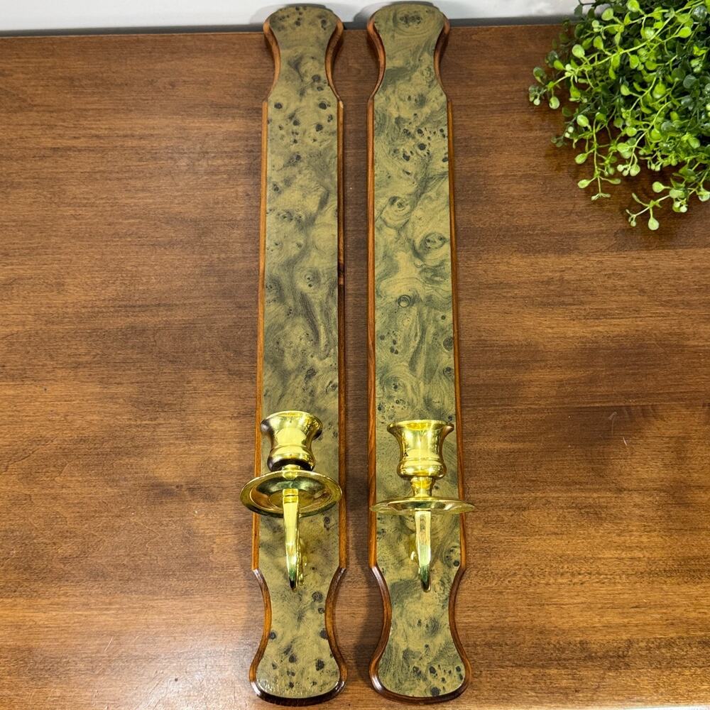 Vintage Homco Home Interiors Wood Wall Sconces Brass Candle Holders Pair
